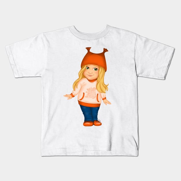 Little girl in orange hat and spring clothes. Spring print Kids T-Shirt by Ayaruta